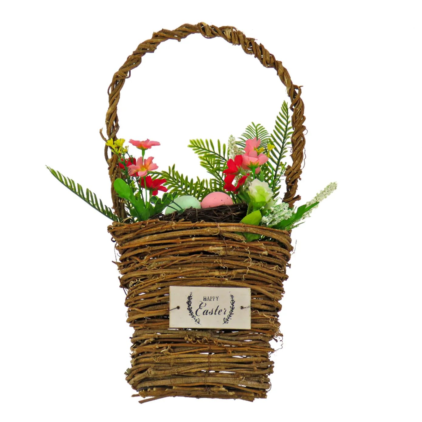 15 in. Easter Woven Basket Decorated with Colorful Flower Blooms and Leafy Greens