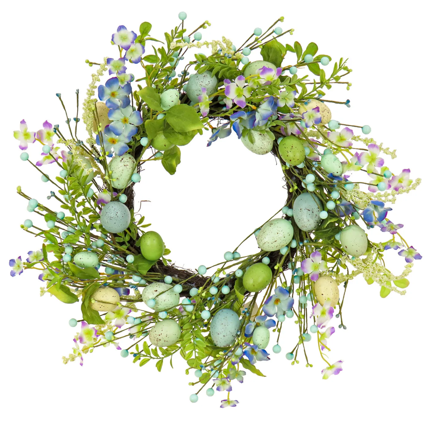 20 in. Easter Wreath Decorated with Blue Flower Blooms, Pastel Eggs