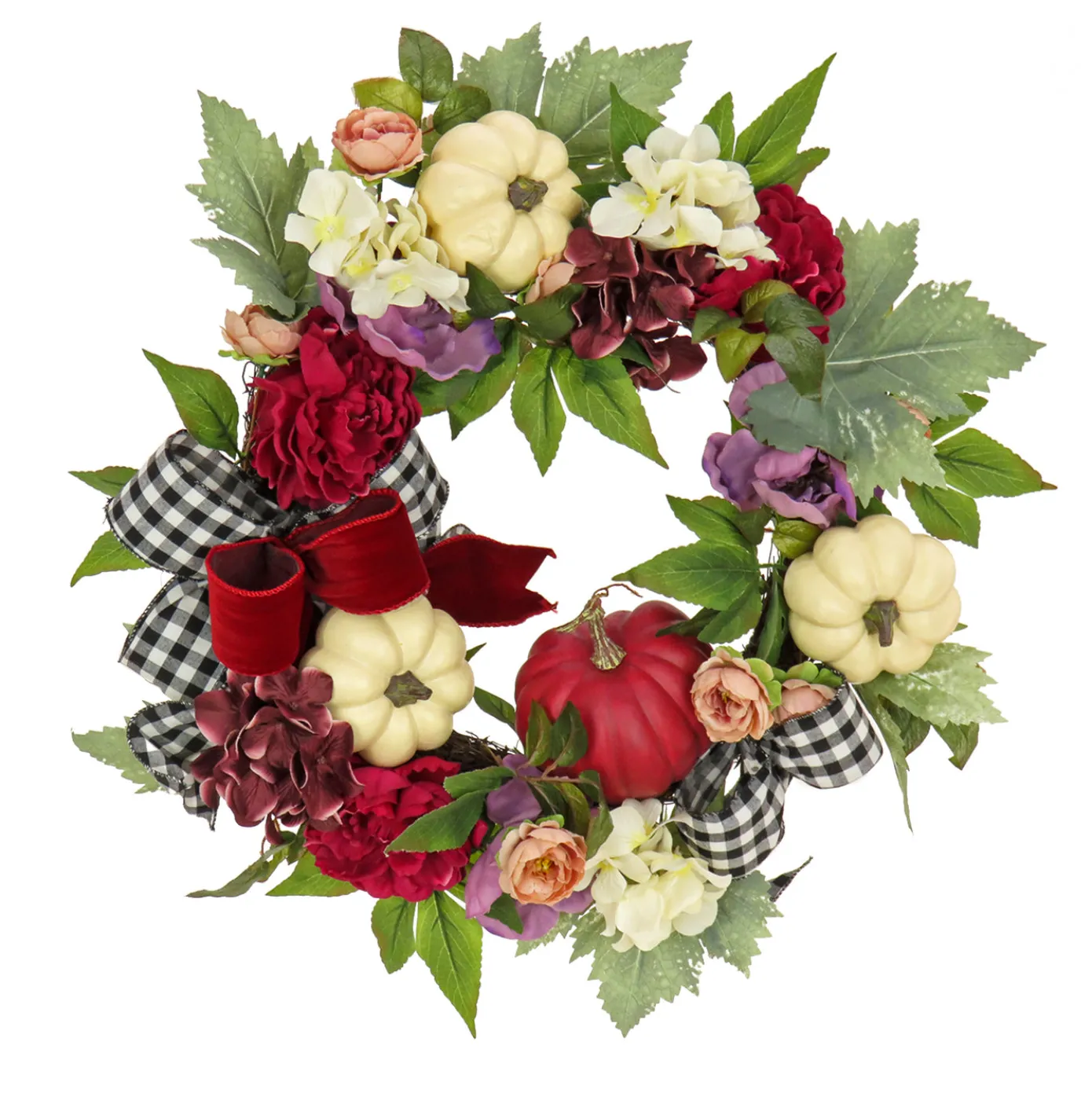 22 in. Fall Wreath with Peony, Pumpkin and Bow