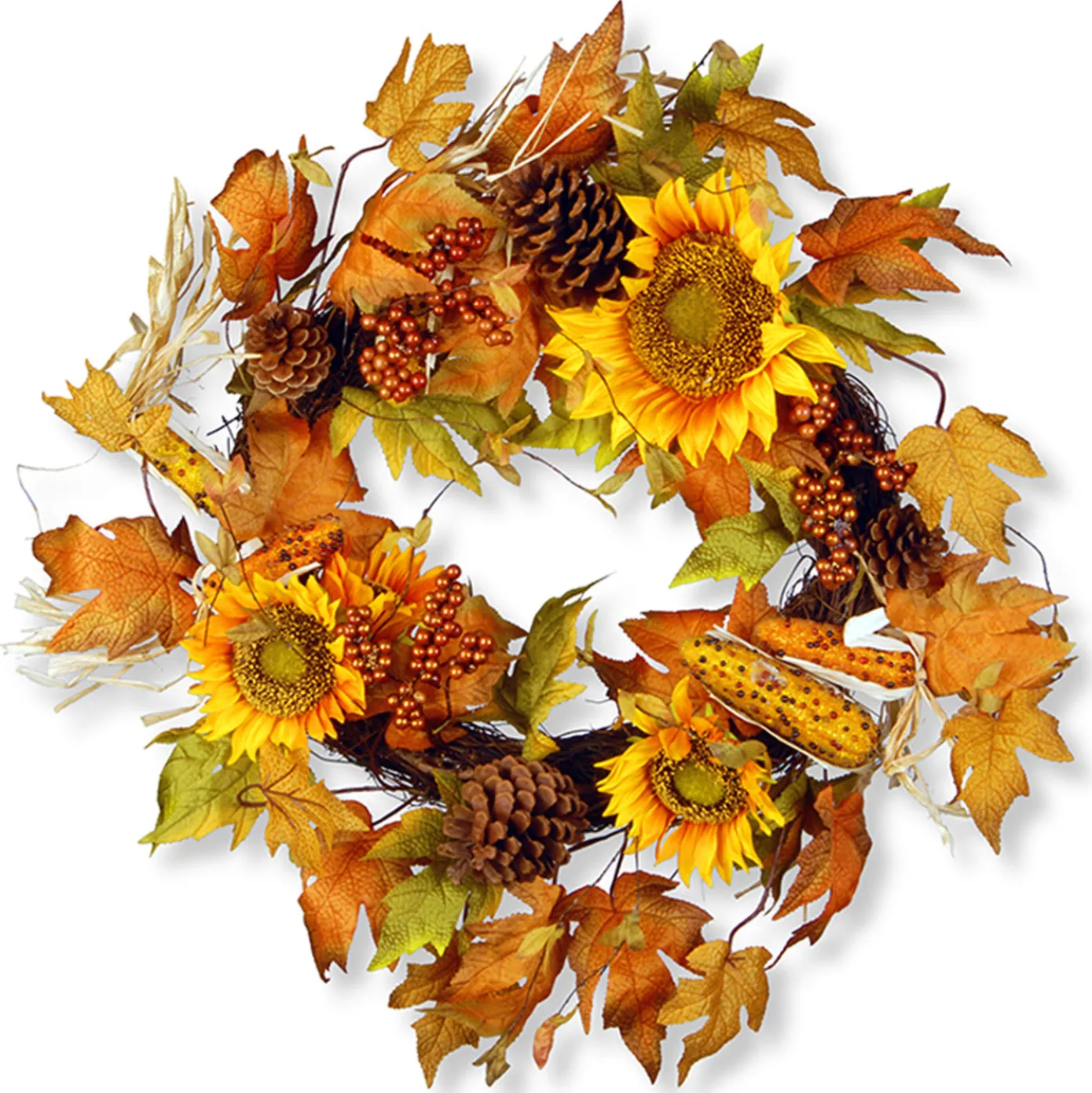 24 in. Fall Wreath with Sunflowers, Pinecones, Berry Clusters, Corncobs, Maple Leaves