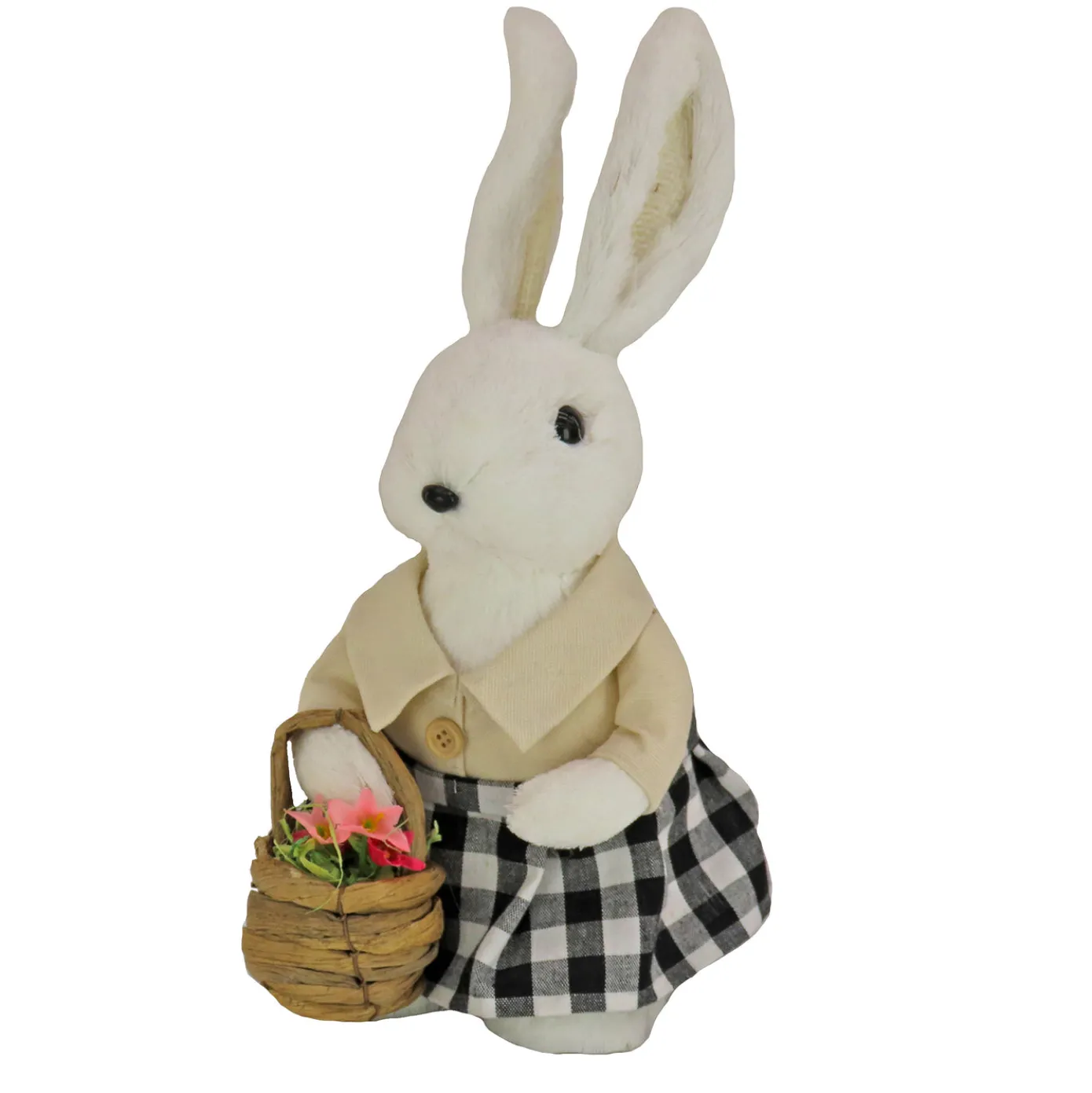12 in. Fluffy Female Bunny Holding Flower Basket Table Decoration