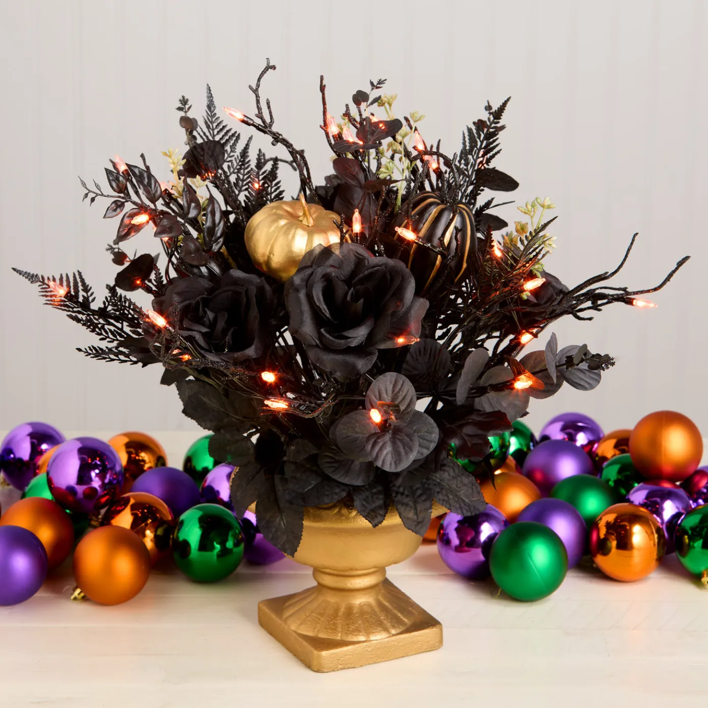 16 in. Halloween Chic Eek Black and Gold Centerpiece with LED Lights