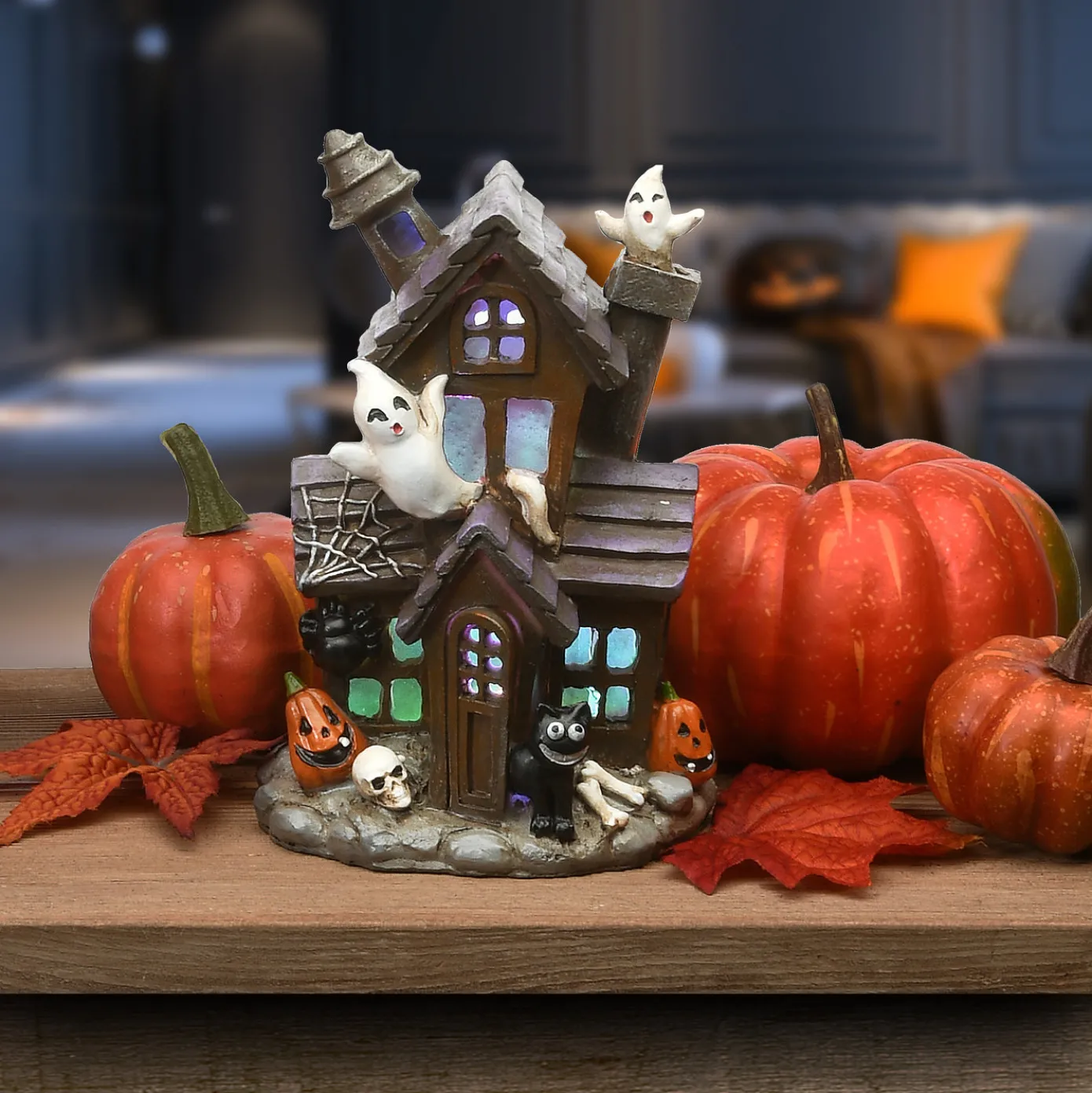 6 in. Halloween Pre-Lit Black Haunted House Decoration with LED Lights