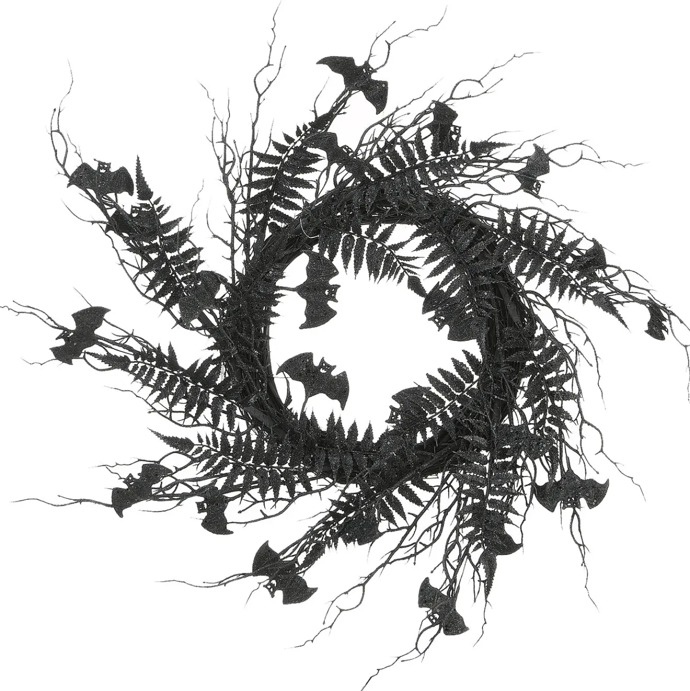 24 in. Halloween Spooky Wreath with Bats, Fern Leaves, Branches
