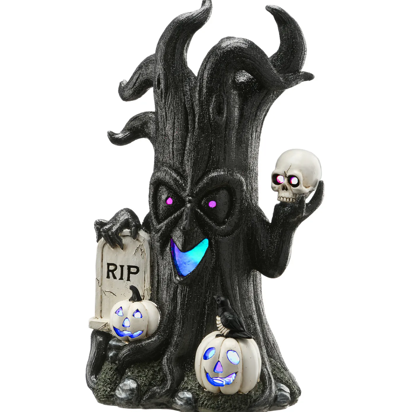 15 in. Halloween Tree Holding Skull and RIP Tombstone with LED Lights