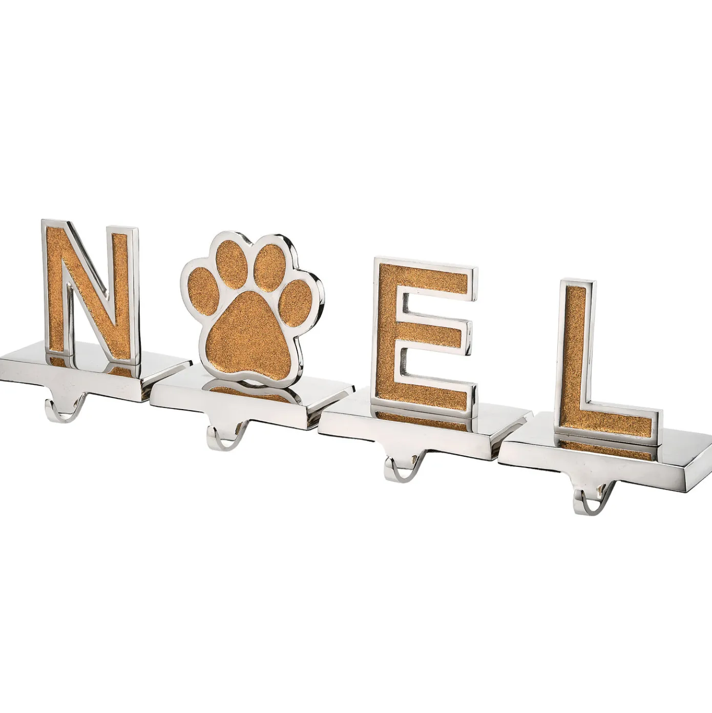 5 in. 4-Piece Gold Sparkle NOEL Christmas Stocking Holders, Gold and Silver with Paw Print