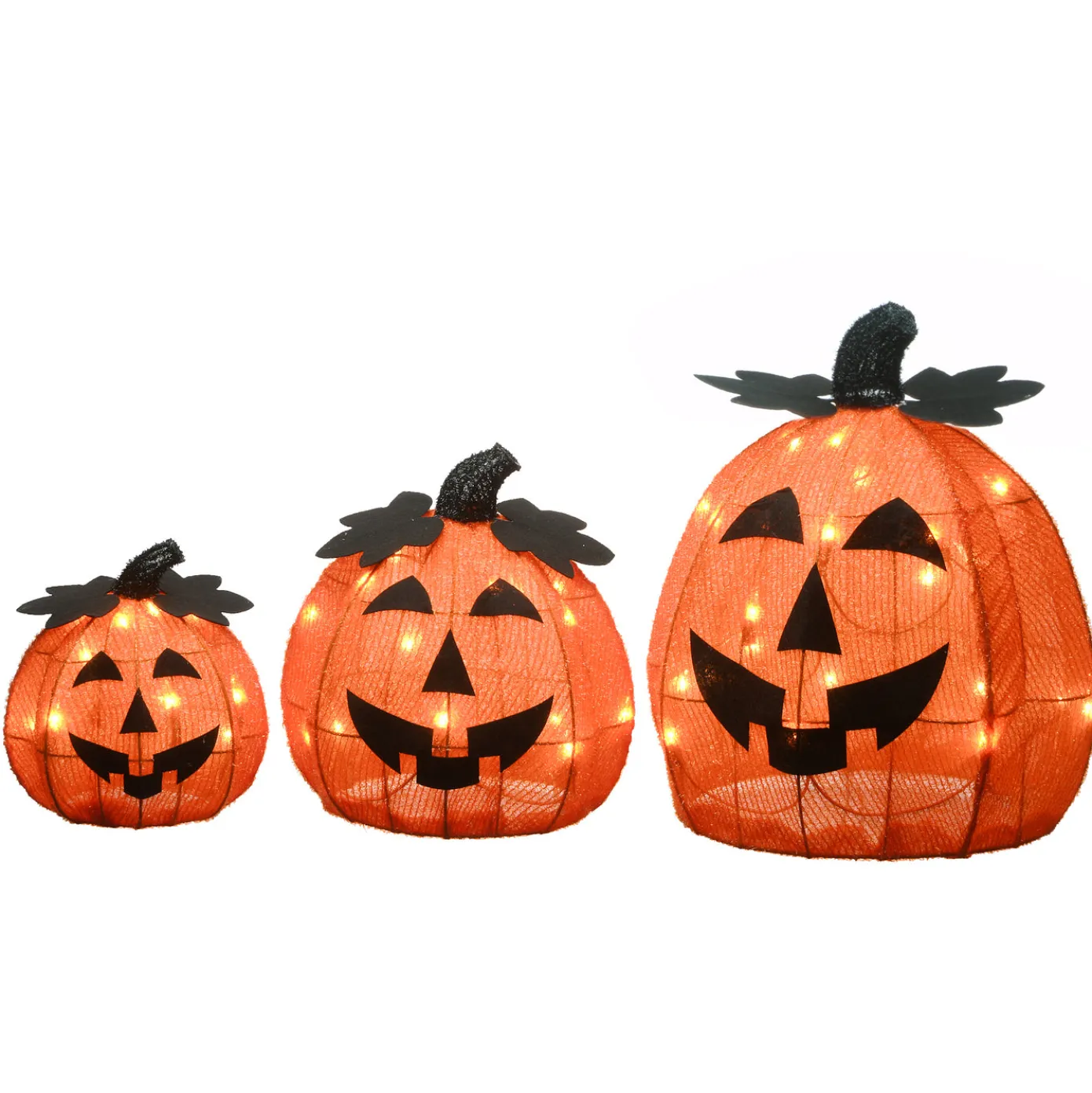 15 in. 3-Piece Halloween Pre-Lit Happy Jack-O-Lantern Trio with LED Lights