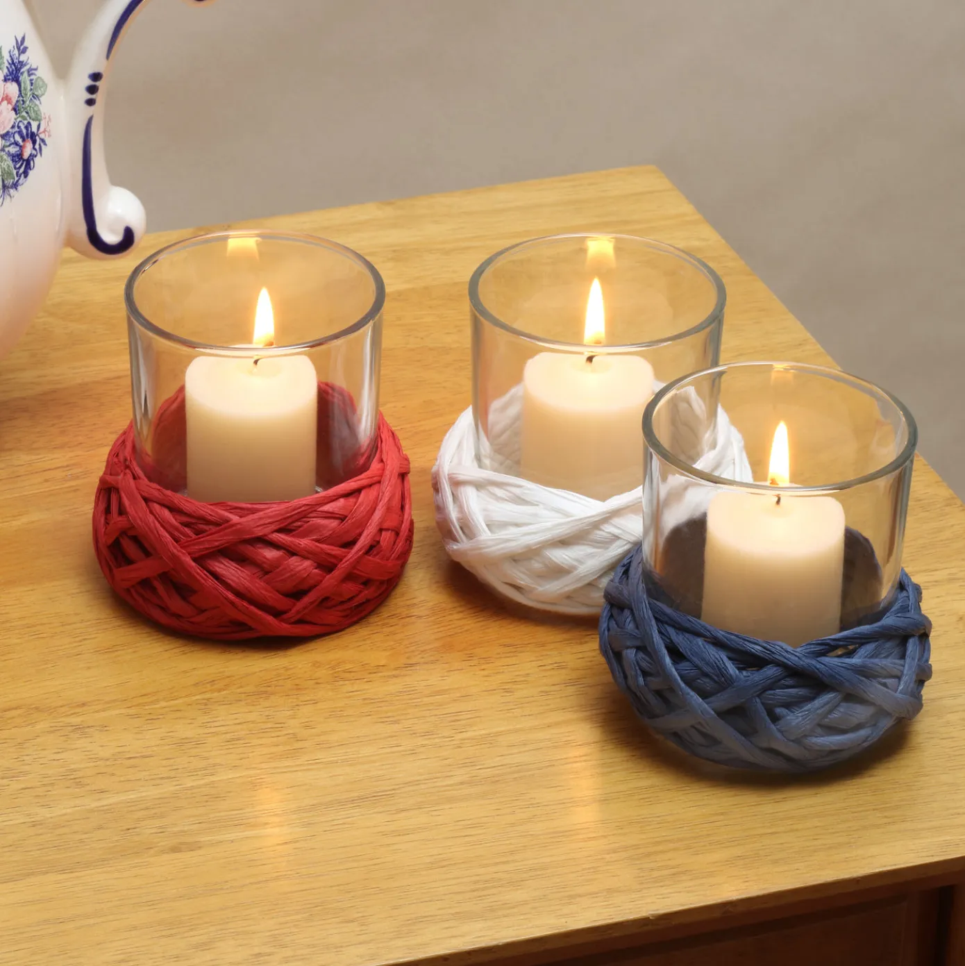 3.5 in. 3-Piece Patriotic Candleholders Decorated with Red White and Blue Thread