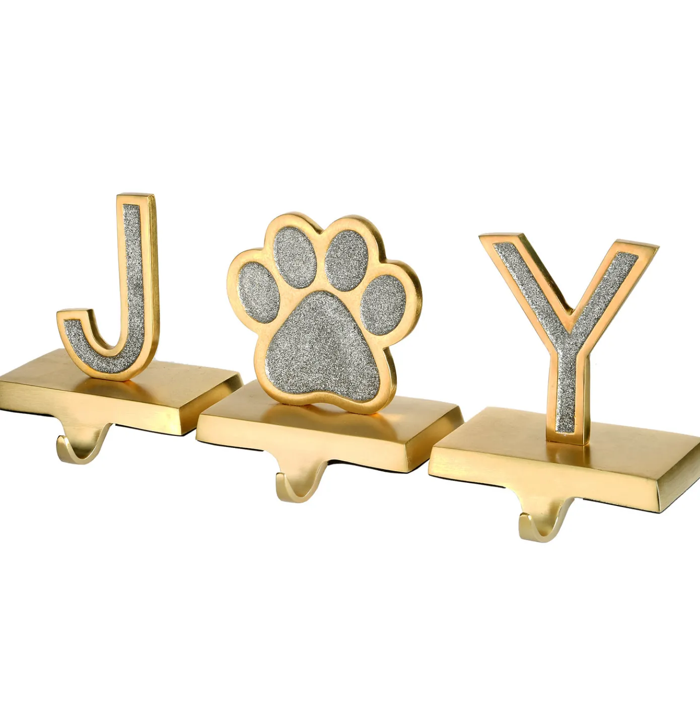 5 in. 3-Piece Silver Sparkle JOY Christmas Stocking Holders, Silver and Gold with Paw Print