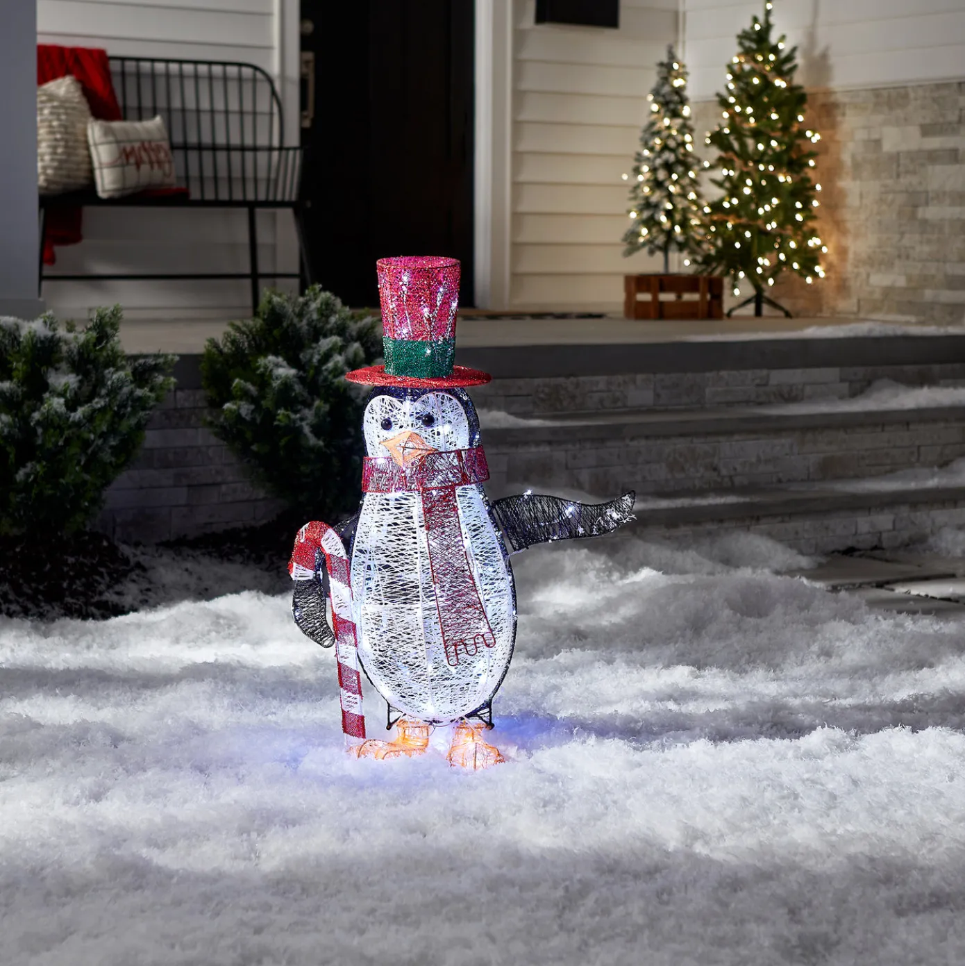 36 in. Pre Lit Penguin with Red Top Hat and Candy Cane Decor