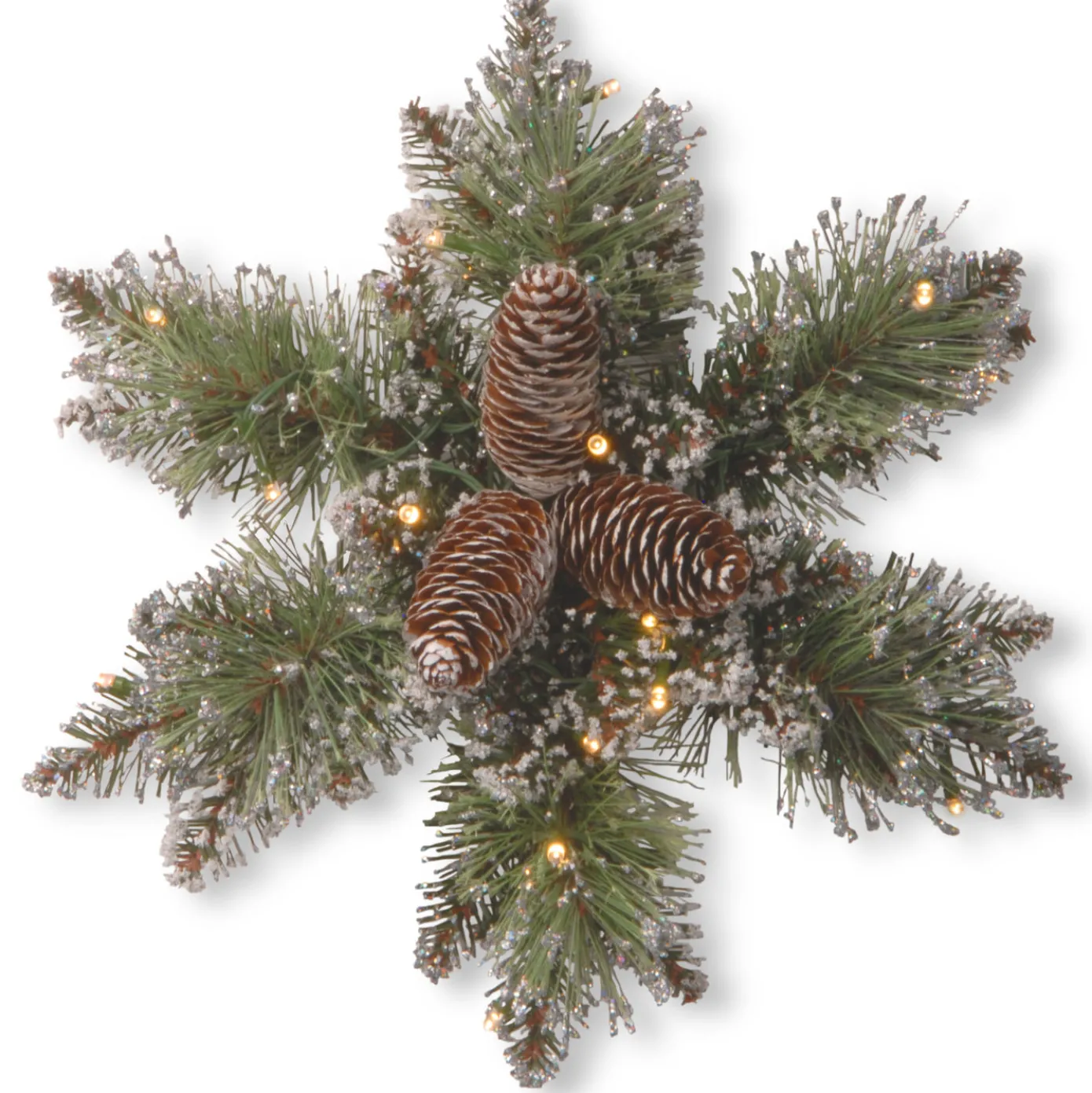 14 in. Pre-Lit Glittery Bristle Pine Snowflake with Warm White LED Lights