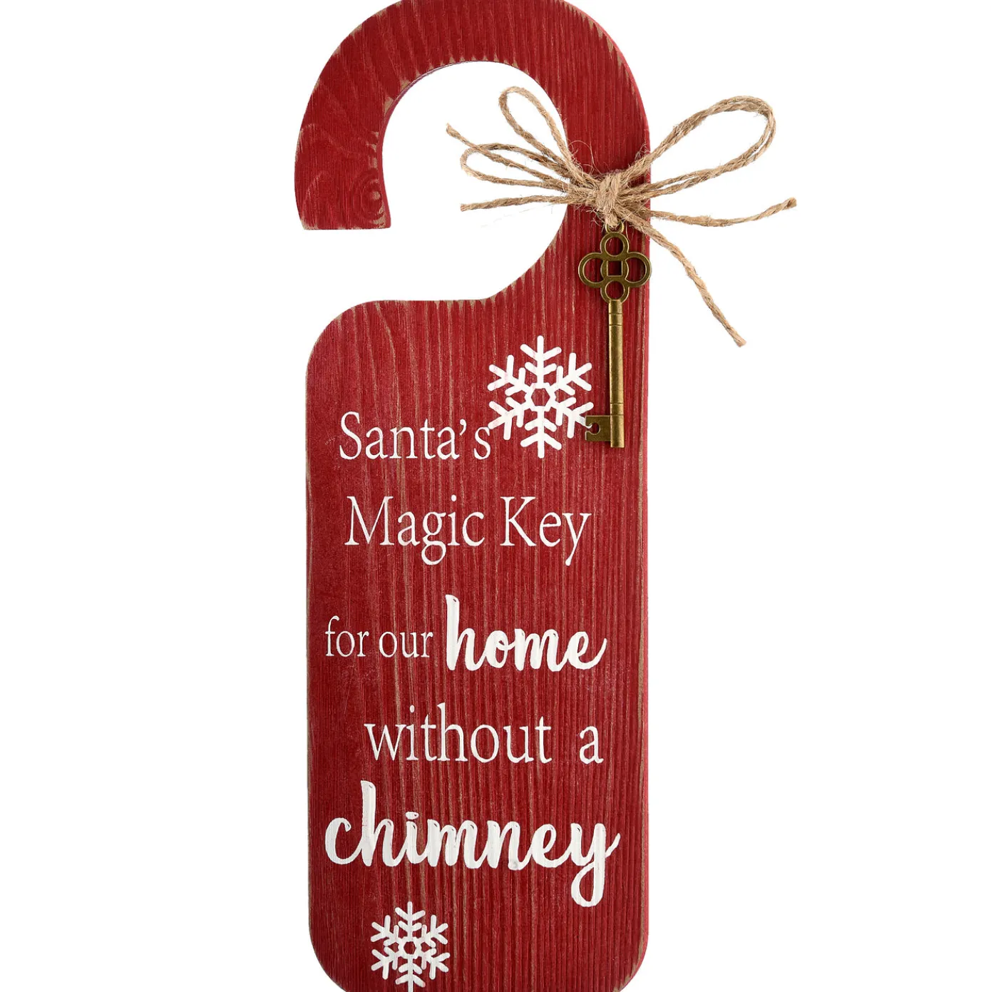 12 in. Santa's Key Doorknob Christmas Sign, Red with White Lettering and Decorative Ornate Key, Snowflakes