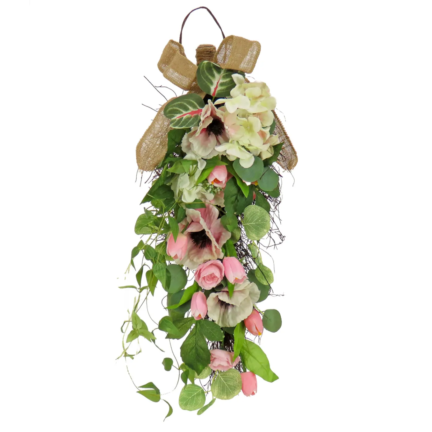 26 in. Spring Teardrop Wall Hanging Decoration with Hydrangea and Tulip Blooms, Eucalyptus Leaves, Flowing Green Stems