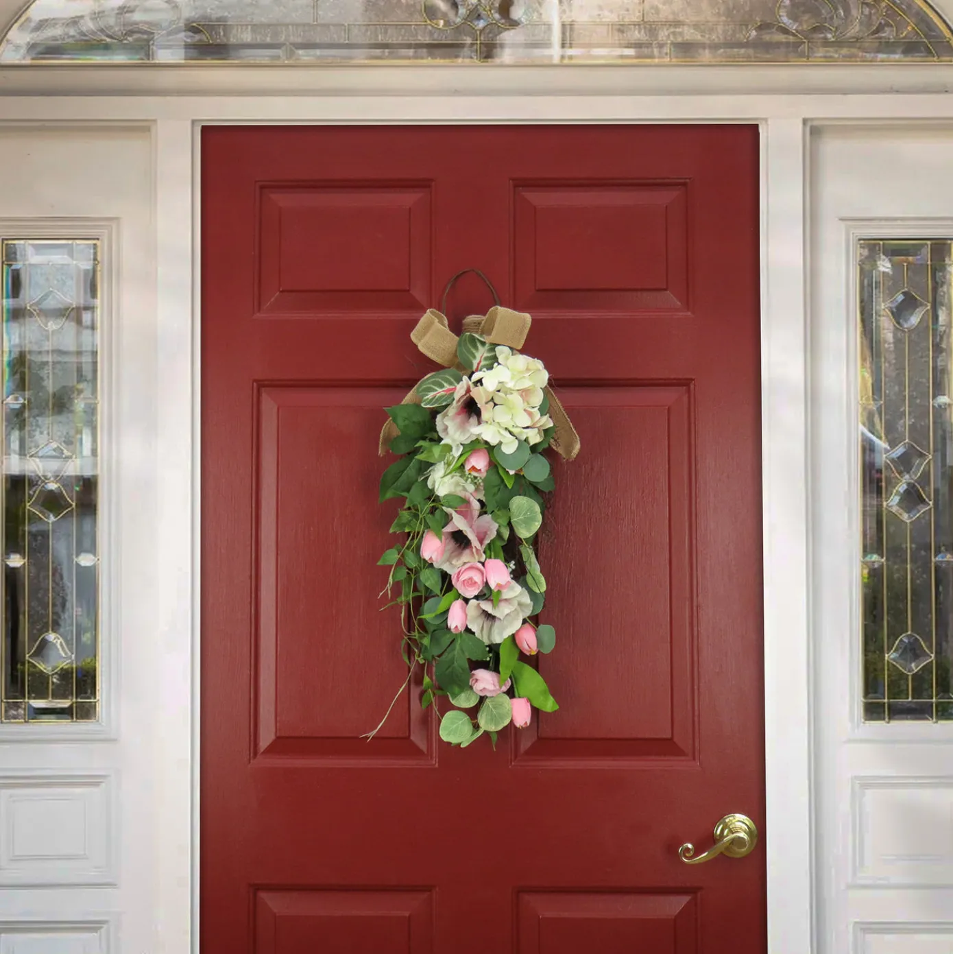 26 in. Spring Teardrop Wall Hanging Decoration with Hydrangea and Tulip Blooms, Eucalyptus Leaves, Flowing Green Stems