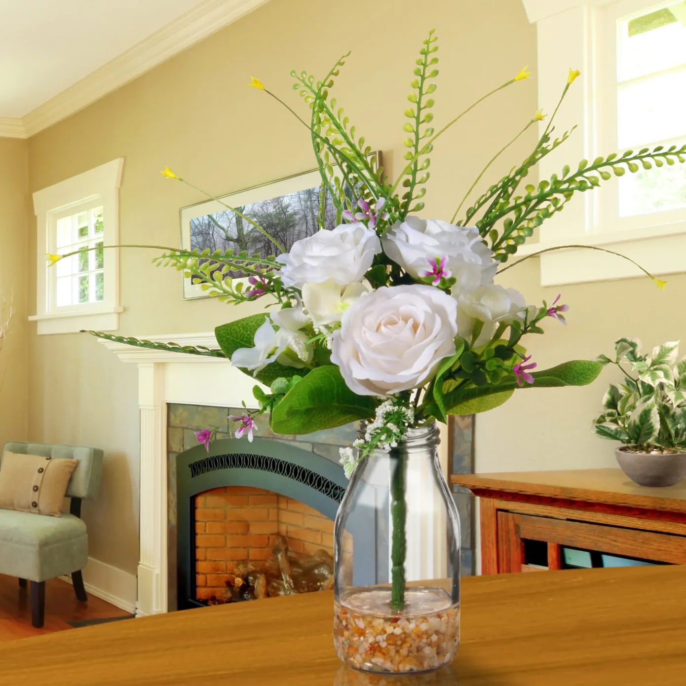 12 in. Spring White Roses Flower Bouquet in Glass Vase with Leafy Greens