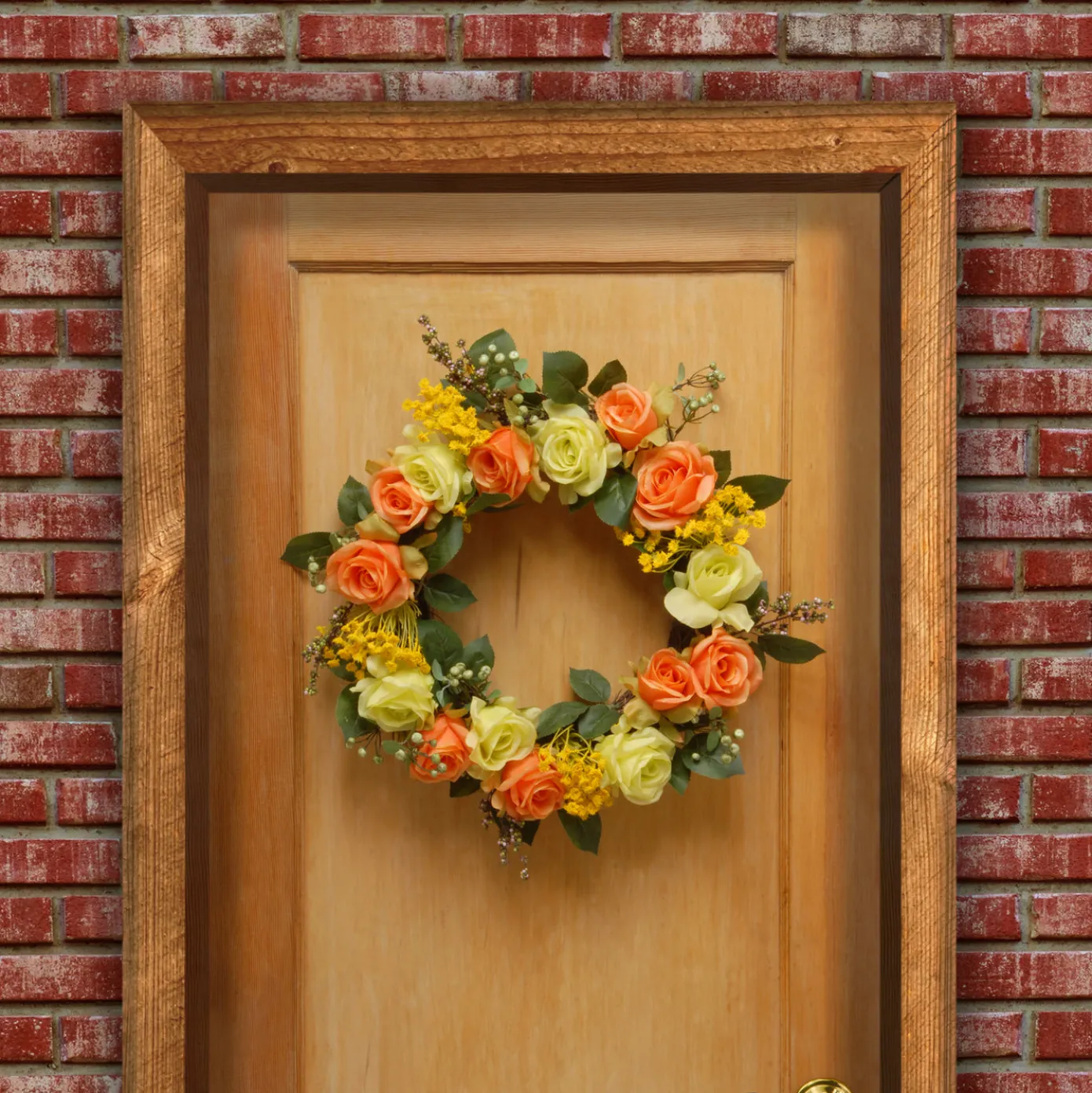 20 in. Spring Wreath with Yellow and Orange Rose Blooms, Seed Pods, Berry Clusters, Leafy Greens
