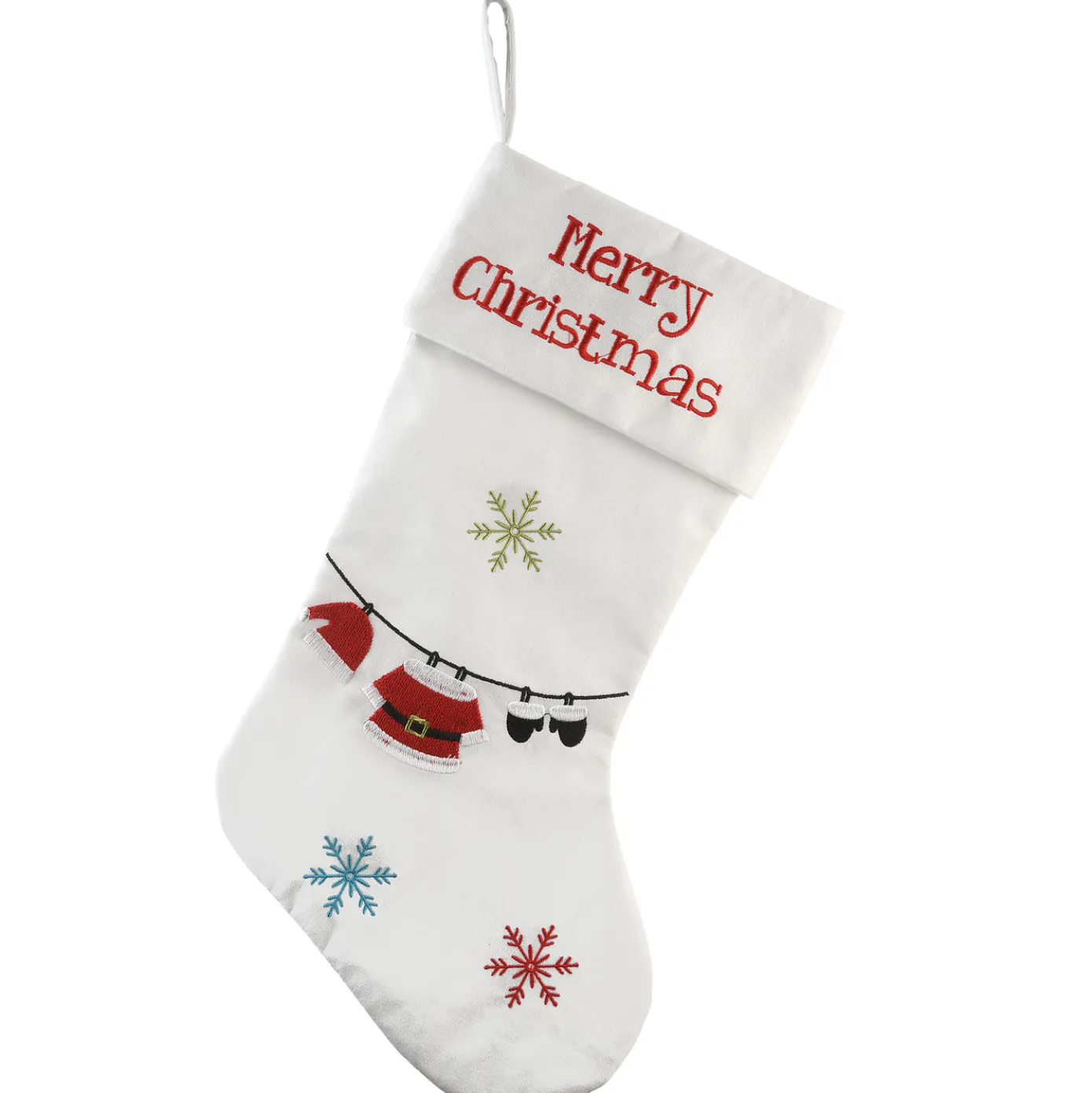 18 in. White Merry Christmas Stocking with Snowflakes