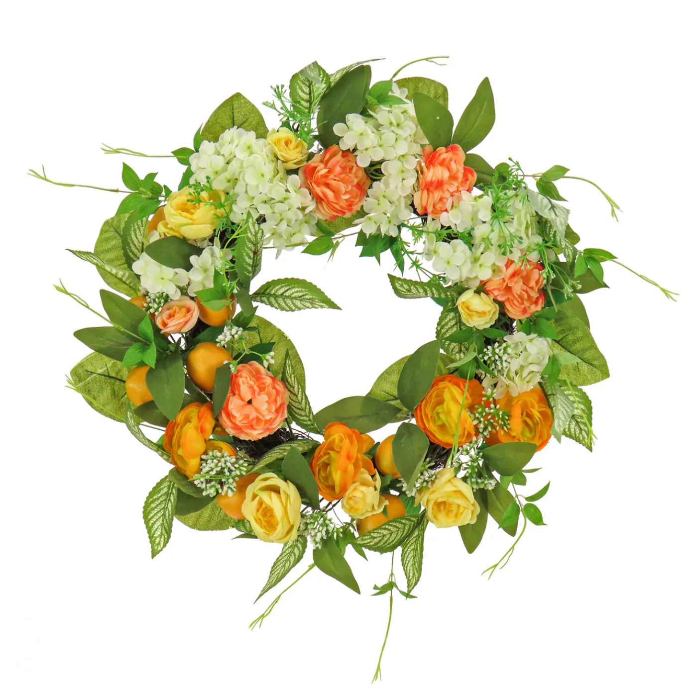 24 in.Spring Wreath with Lemons, Hydrangeas, and Buttercups