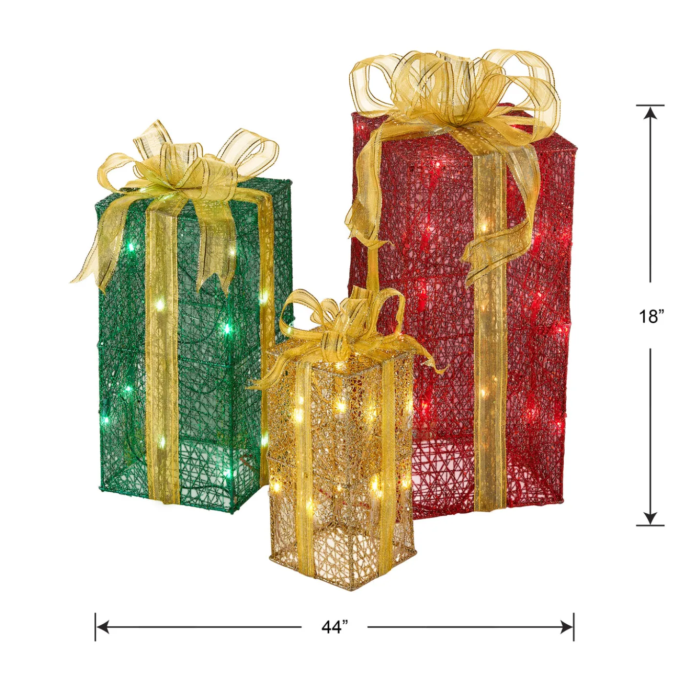 Pre-Lit Multicolor Gift Boxes, Set of Three, White Lights