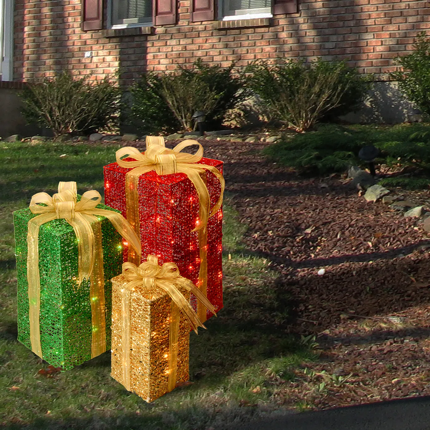 Pre-Lit Multicolor Gift Boxes, Set of Three, White Lights