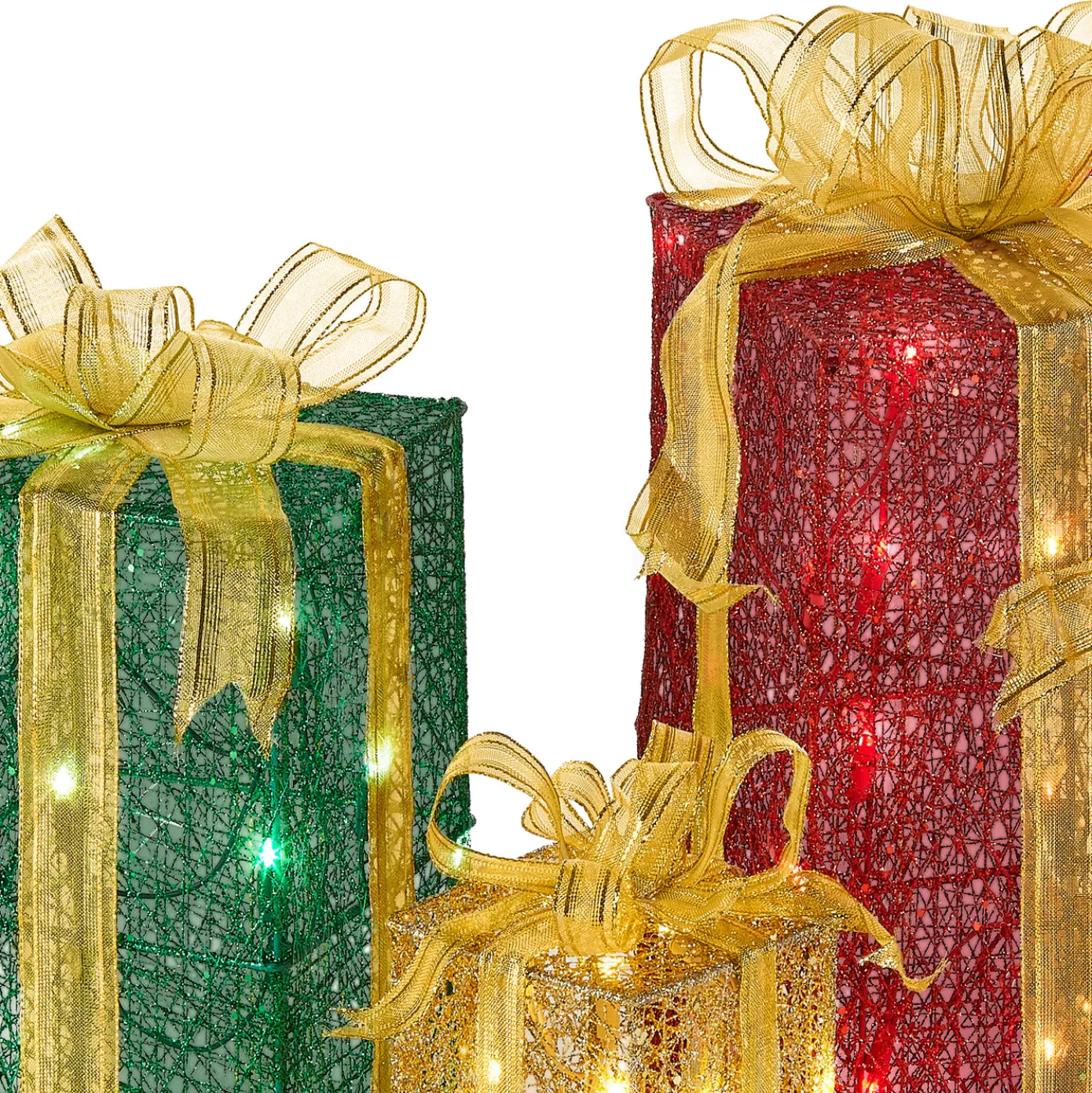 Pre-Lit Multicolor Gift Boxes, Set of Three, White Lights